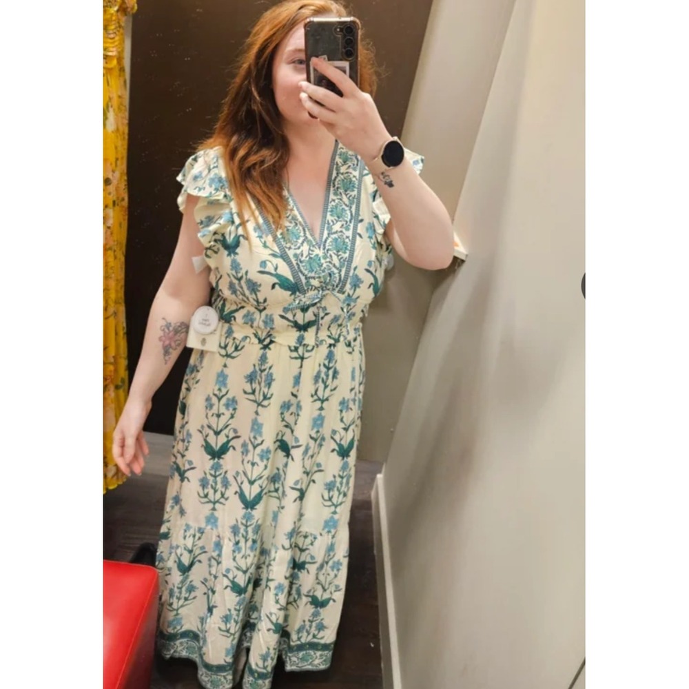 Lea Women 2X Blue Teal Floral Block Print Tiered Boho Midi Dress Sleeveless